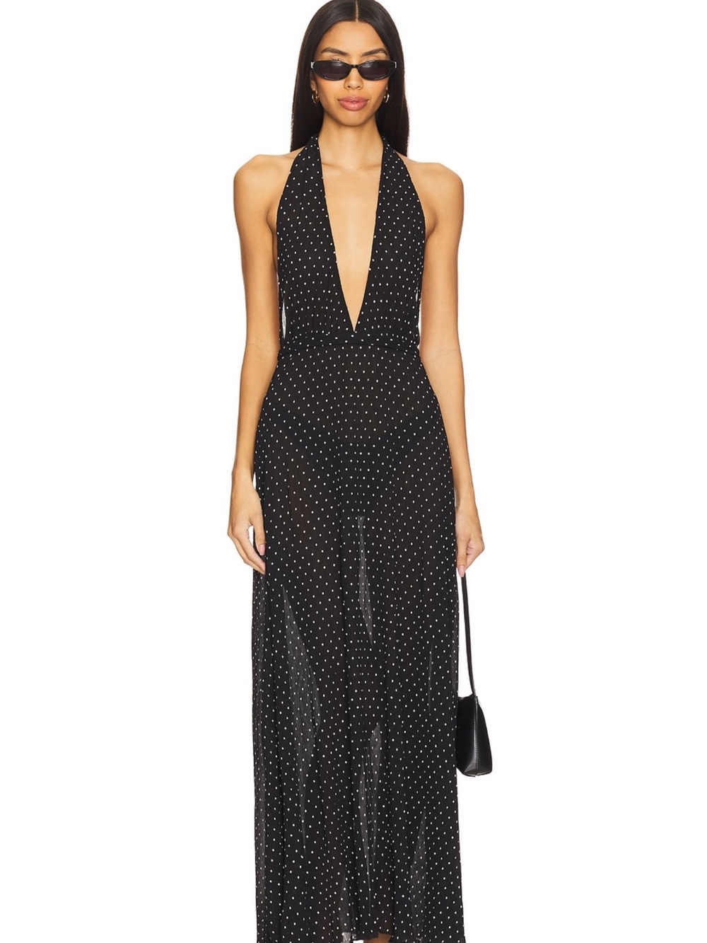 Lioness Black Halter Maxi Dress with White Polka Dots